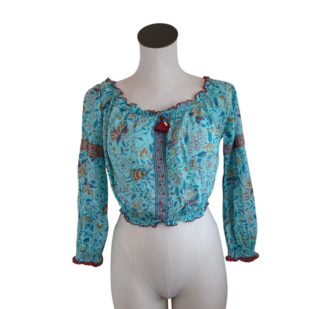 Poupette St Barth Floral Crop Top Turquoise Blue Boho Tassel Blouse Medium